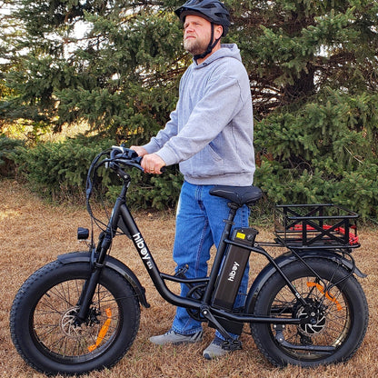 Hiboy EX6 electric bike with step-through frame, 500W motor, 25 MPH top speed, Shimano 7-speed, and LCD display