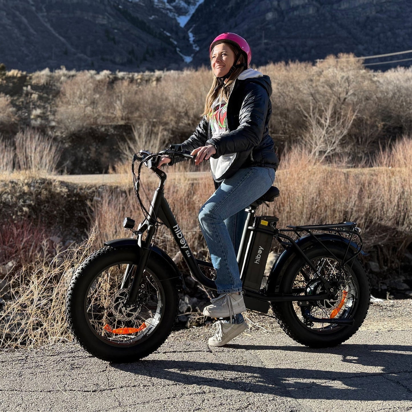 Hiboy EX6 electric bike with step-through frame, 500W motor, 7-speed Shimano transmission, and LCD display for versatile urban and trail riding