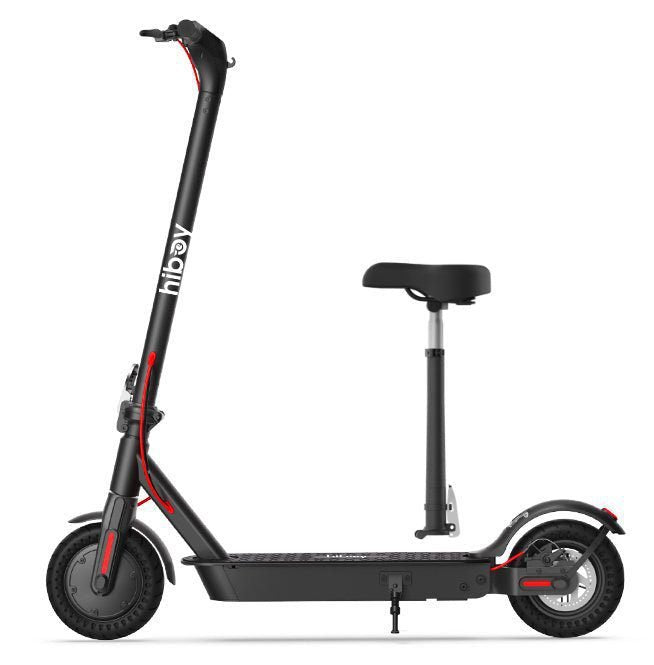 Black electric scooter with a seat on a white background