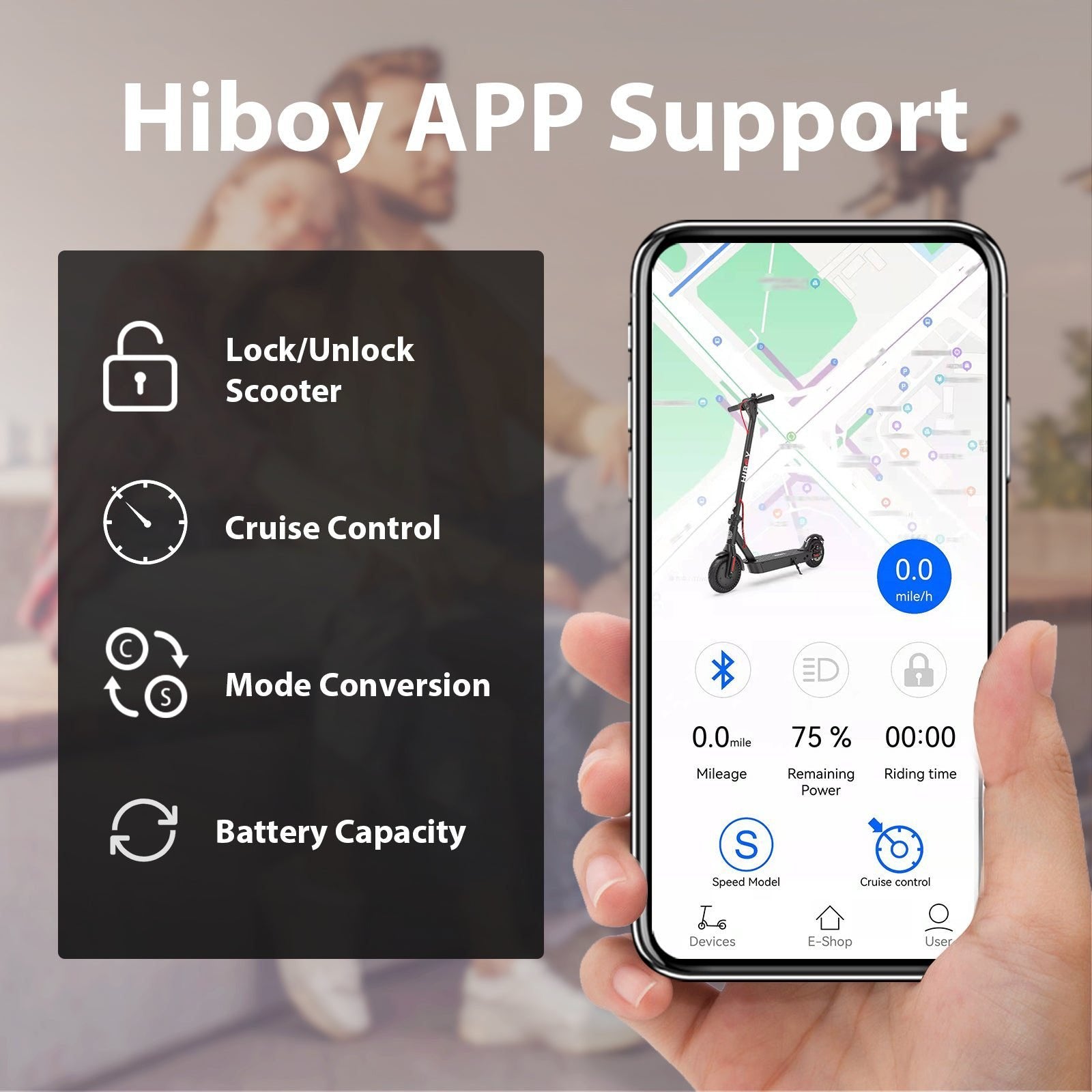 Smartphone displaying Hiboy app with scooter control features on a blurred background