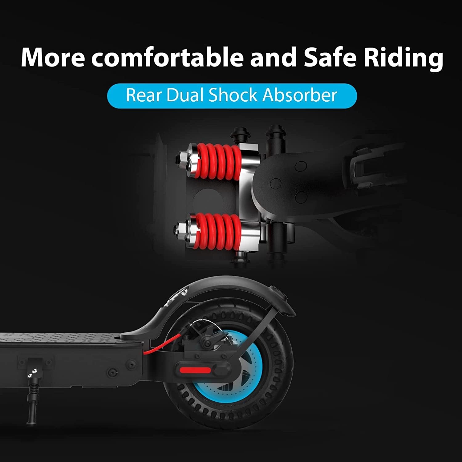 Electric scooter with rear dual shock absorber highlighted on a dark background