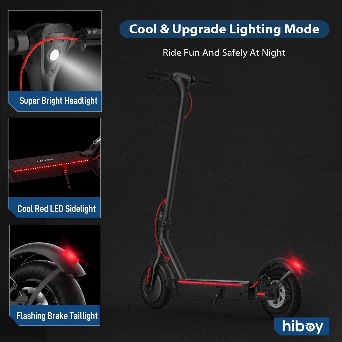 Electric scooter with lighting modes on a dark background, featuring the brand 'hiboy'.