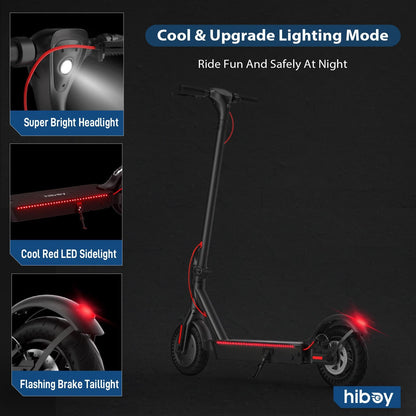 Electric scooter with lighting modes on a dark background, featuring the brand 'hiboy'.