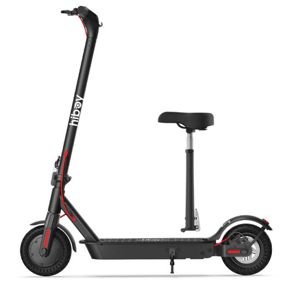 Black electric scooter with a seat on a white background