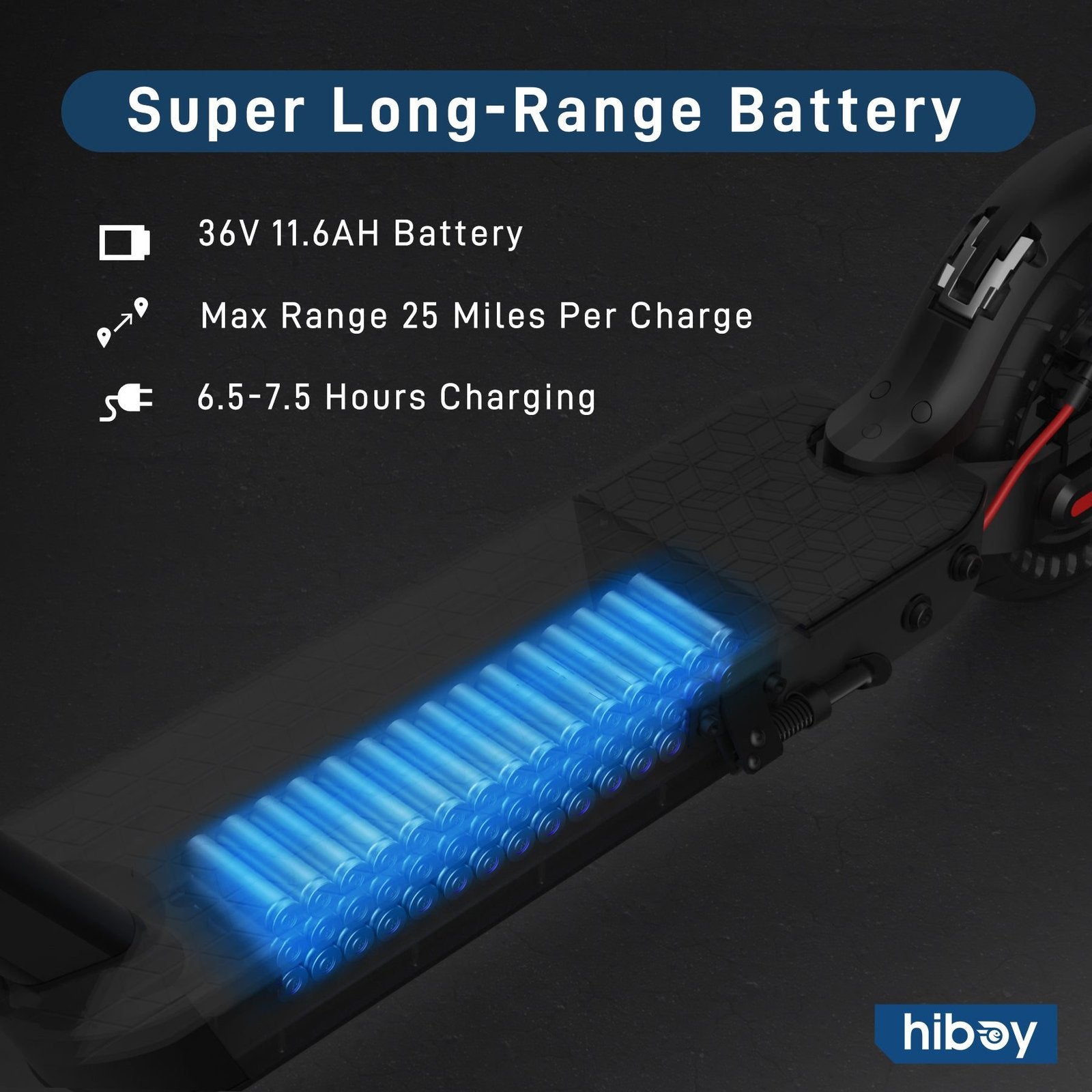Electric scooter with battery display and charging information on a dark background, featuring the brand 'hiboy'.