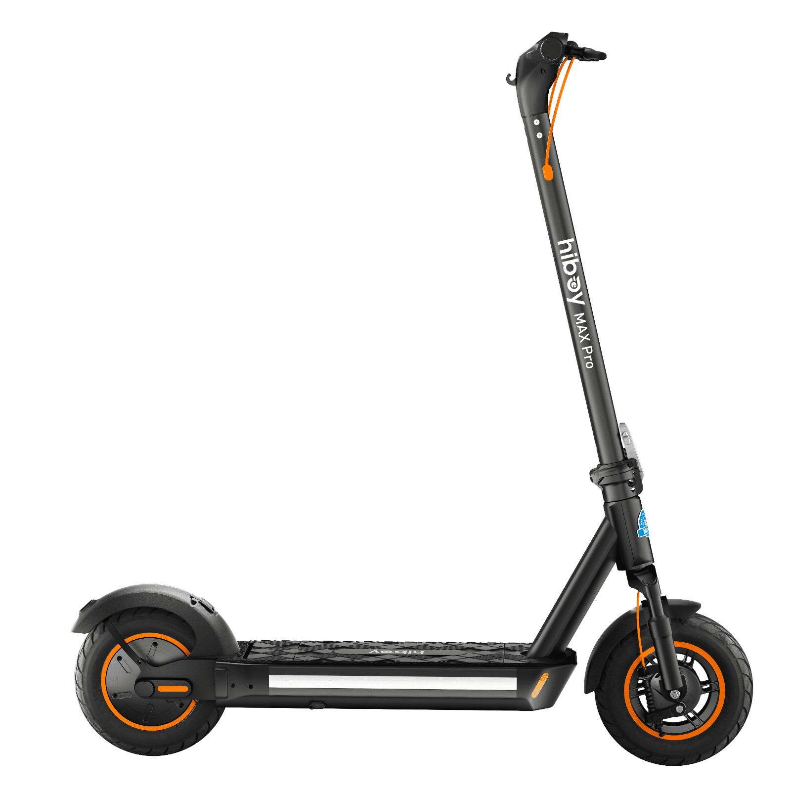 Black electric scooter with orange accents on a white background
