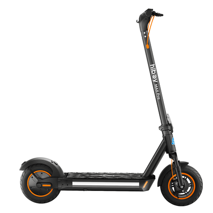 Black electric scooter with orange accents on a white background