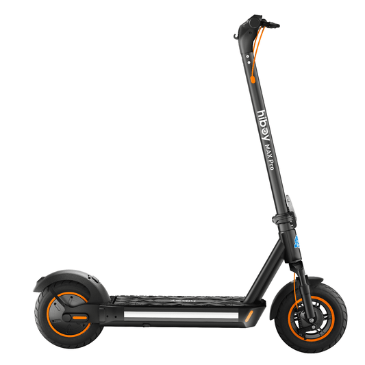 Black electric scooter with orange accents on a white background