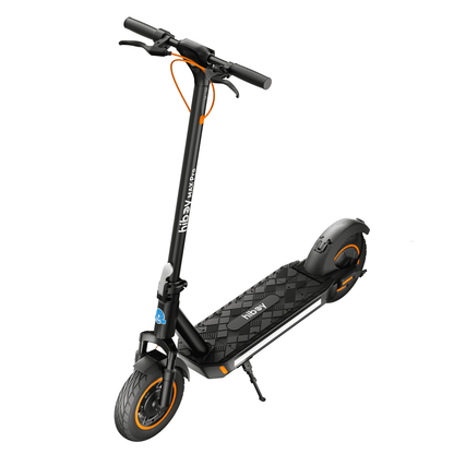Black electric scooter with orange accents on a white background