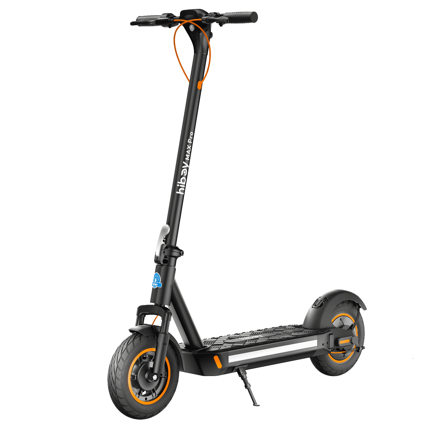 Black electric scooter with orange accents on a white background