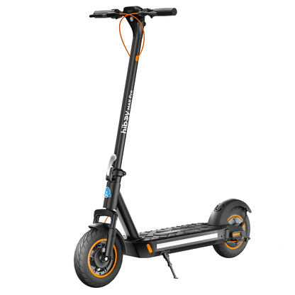 Black electric scooter with orange accents on a white background