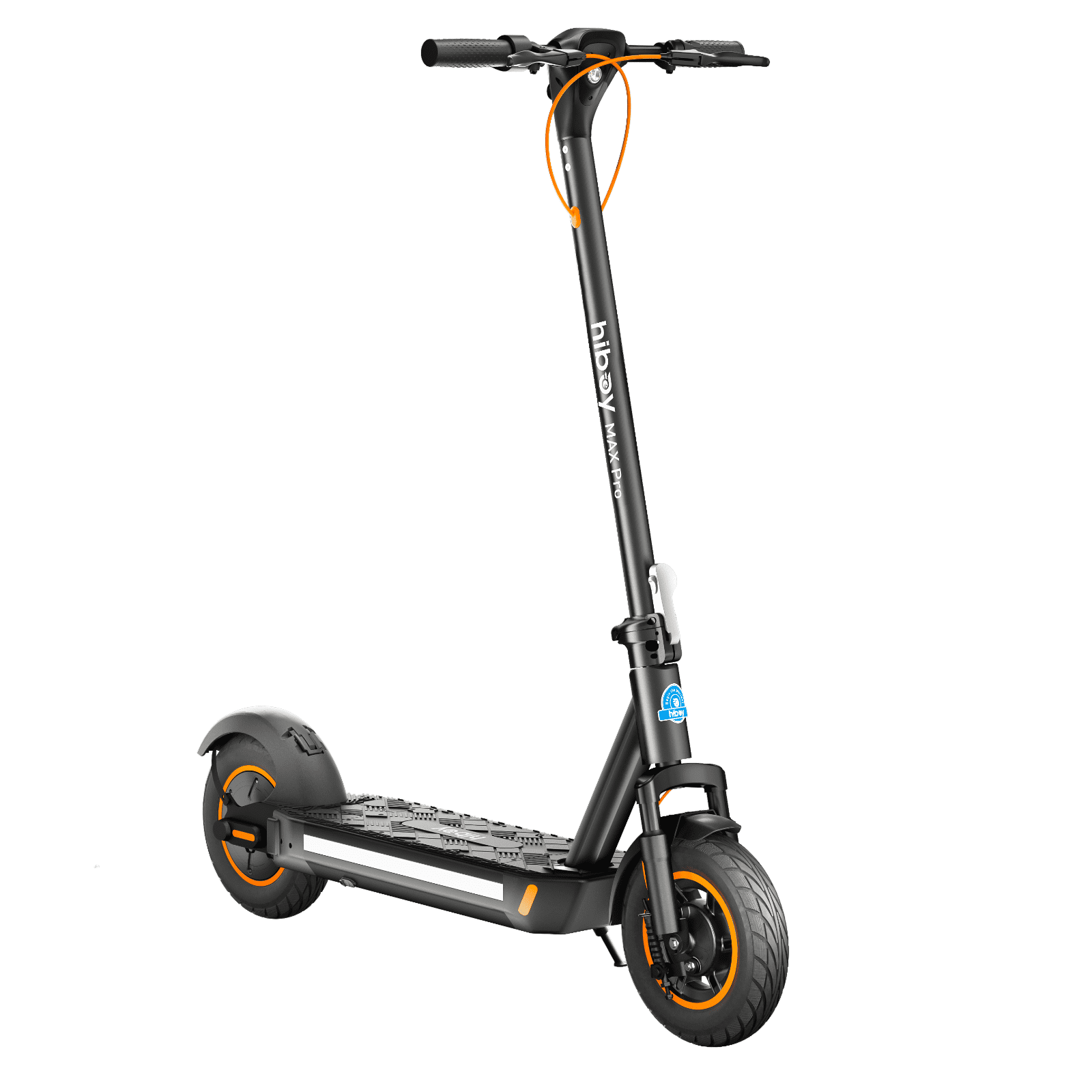 Black electric scooter with orange accents on a white background