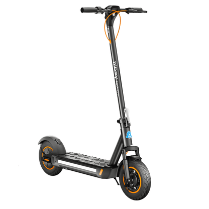 Black electric scooter with orange accents on a white background