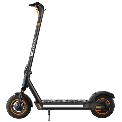 Black electric scooter with orange accents on a white background