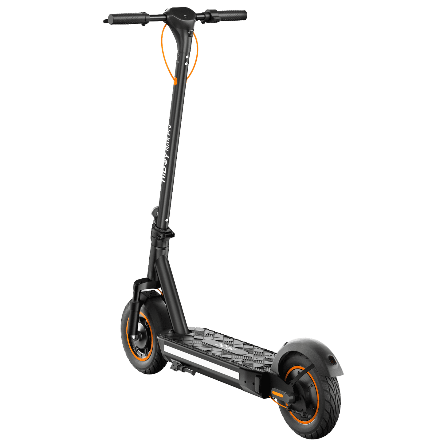 Black electric scooter with orange accents on a white background