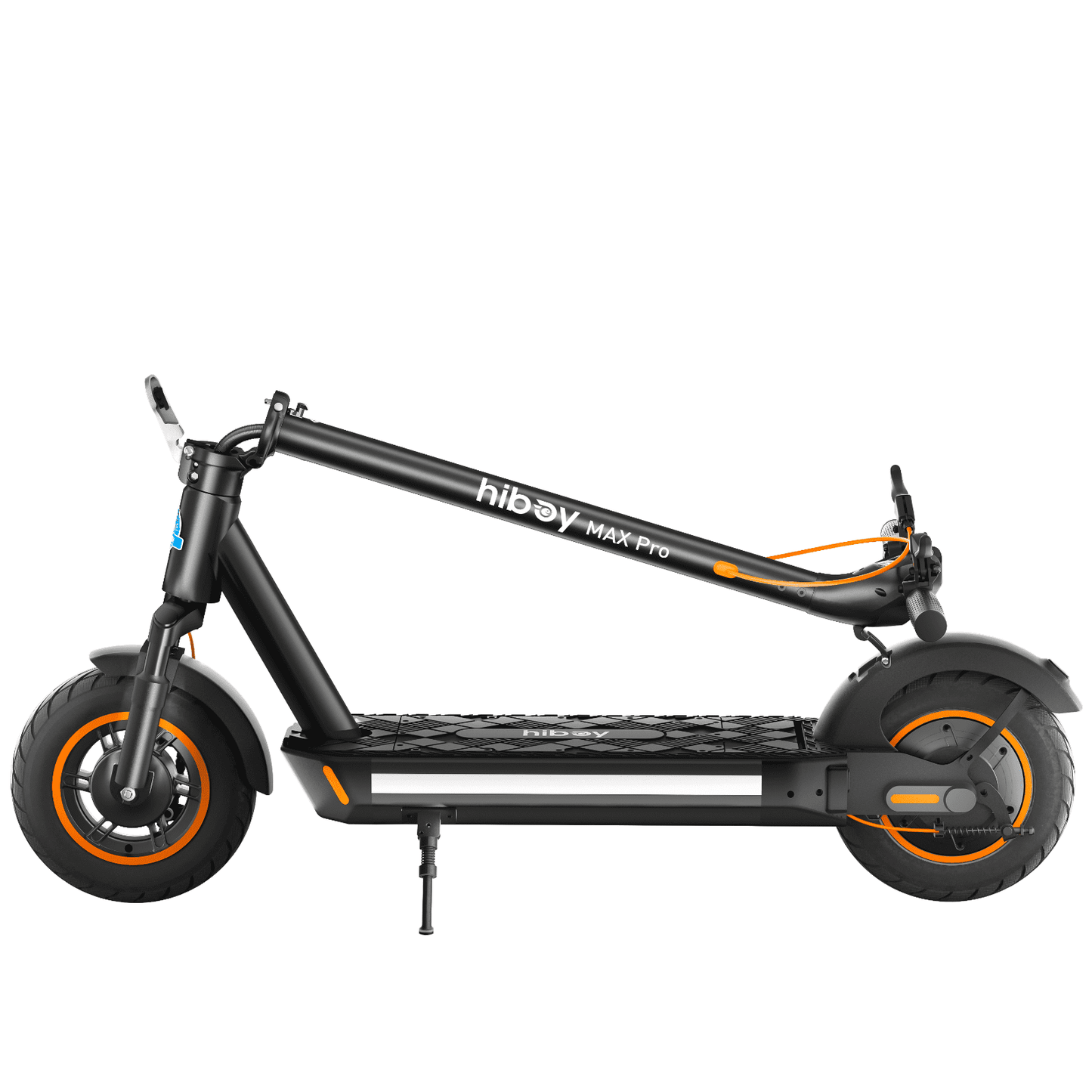 Black electric scooter with orange accents on a white background