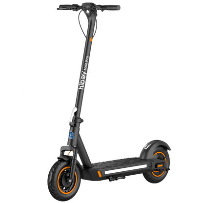 Black electric scooter with orange accents on a white background