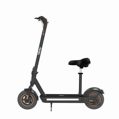 Black electric scooter with a seat on a white background