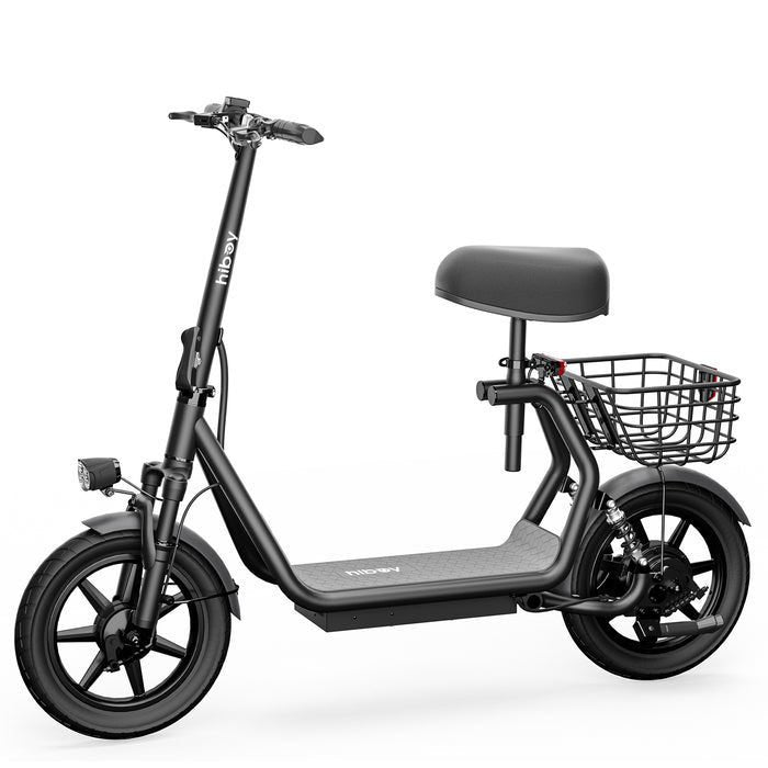 Black electric scooter with a seat and basket on a white background