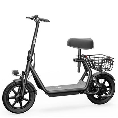 Black electric scooter with a seat and basket on a white background