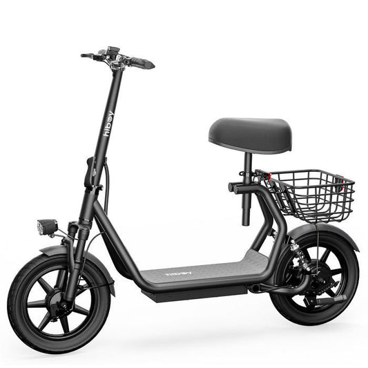 Black electric scooter with a seat and basket on a white background