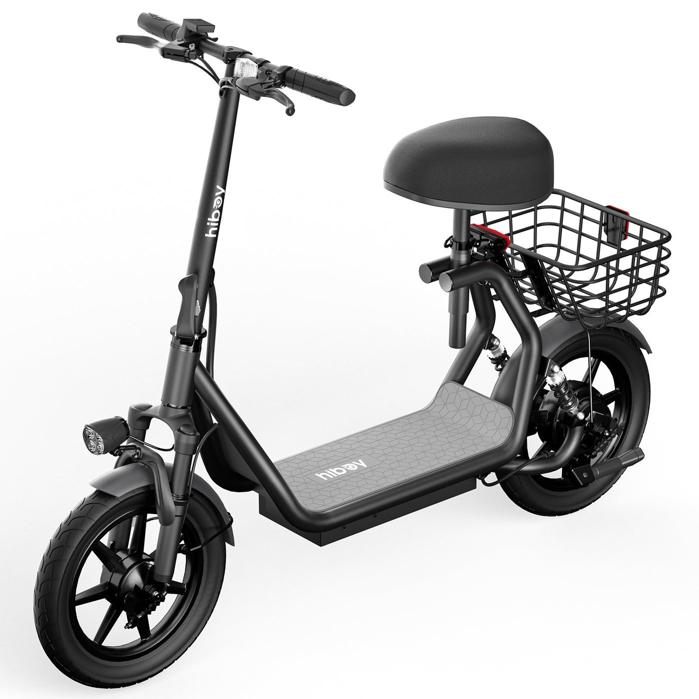 Black electric scooter with a seat and basket on a white background