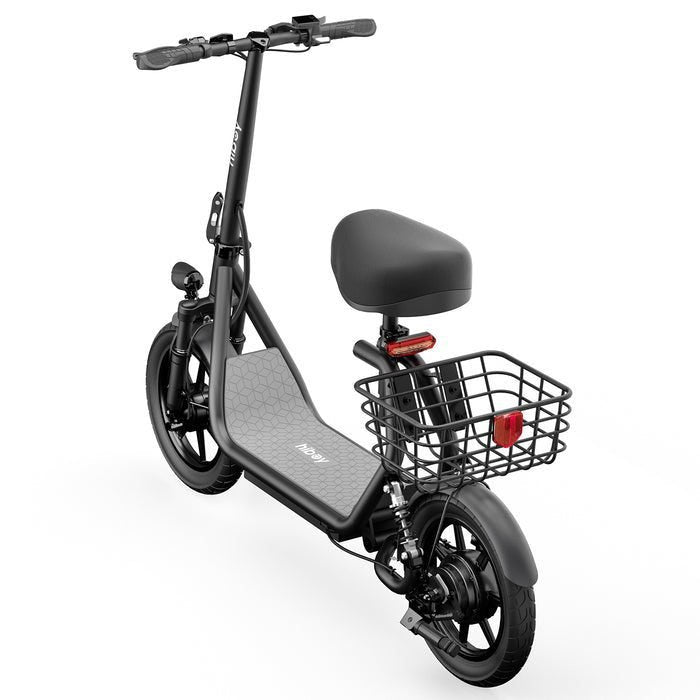 Black electric scooter with a basket on a white background