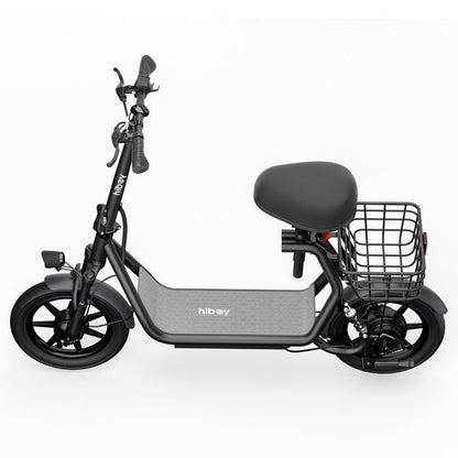Black electric scooter with a basket on a white background, featuring the brand 'Hiboy'.