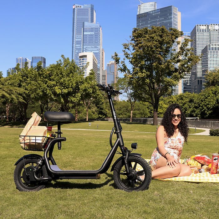Woman sitting on a blanket with an electric scooter in a park with city skyline in the background