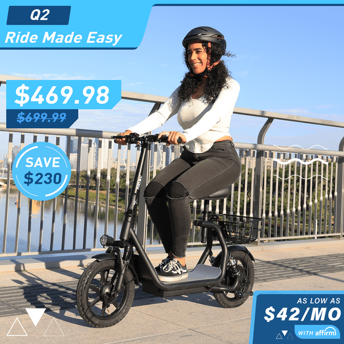 Woman riding an electric scooter with promotional text overlay on a bridge.