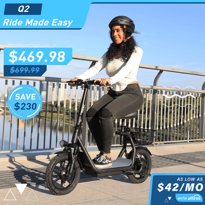 Woman riding an electric scooter with promotional text overlay on a bridge.