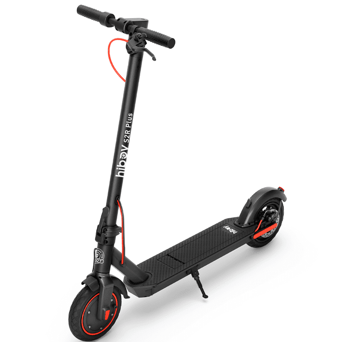 Black electric scooter with red accents on a white background