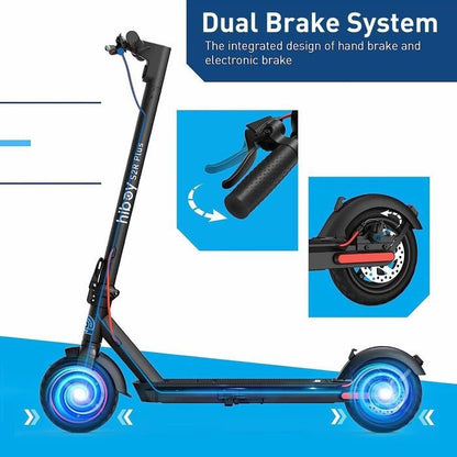 Electric scooter with dual brake system on a blue background