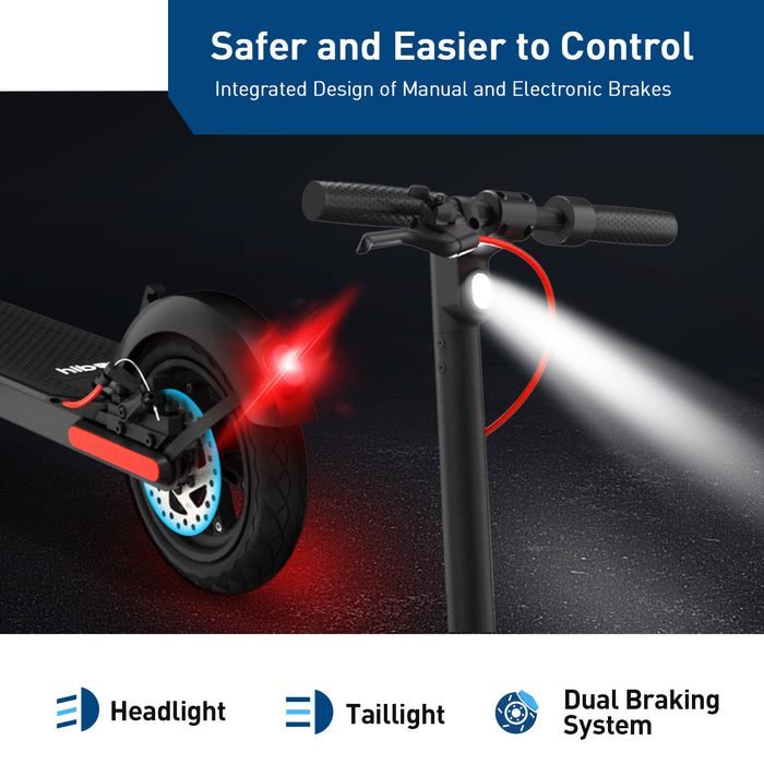 Electric scooter with headlight, taillight, and dual braking system highlighted on a dark background.