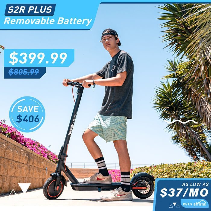 Person riding an electric scooter with promotional text about the S2R Plus model and battery price.