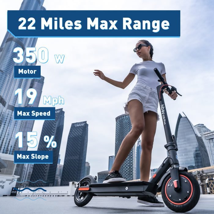 Person riding an electric scooter with cityscape background and performance details.