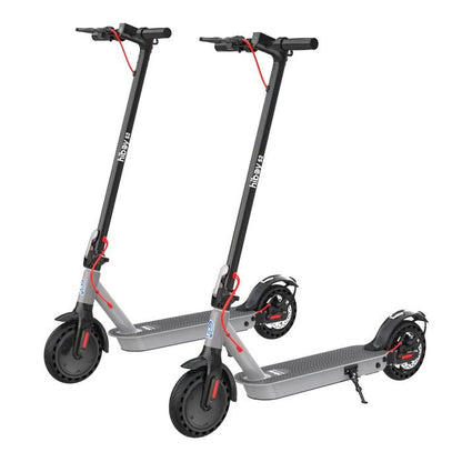 Two electric scooters with black and gray design on a white background