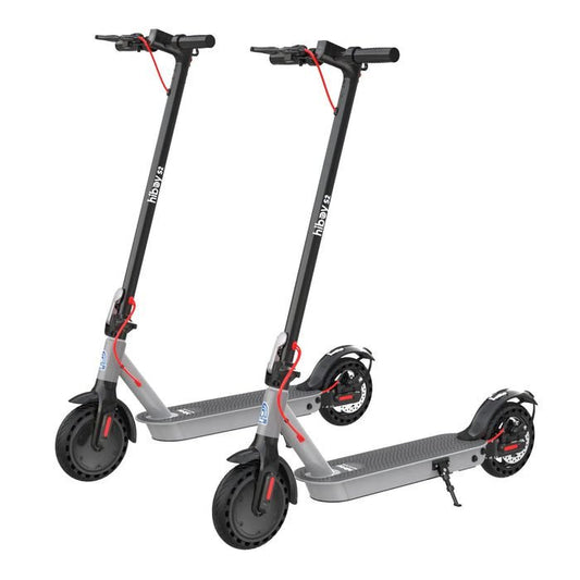 Two electric scooters with black and gray design on a white background