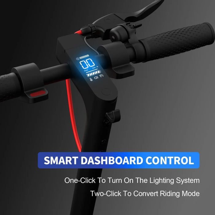 Electric scooter handlebar with digital dashboard on a dark background