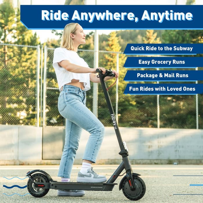 Person riding an electric scooter with text highlighting its versatility.