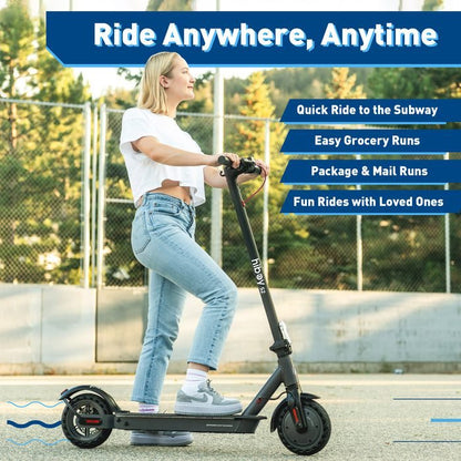Person riding an electric scooter with text highlighting its versatility.
