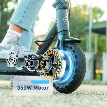 Close-up of an electric scooter wheel with a 350W motor label, blurred background