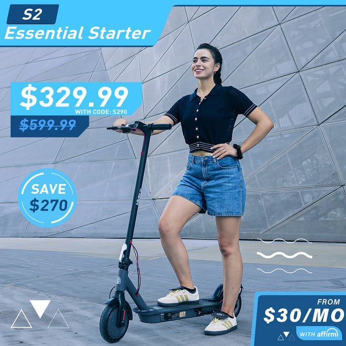 Woman standing next to a scooter with promotional text on a modern architectural background
