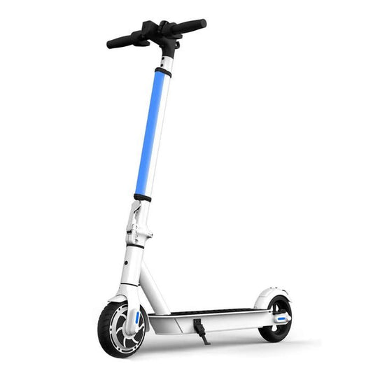 White scooter with black handlebar and blue accents on a white background