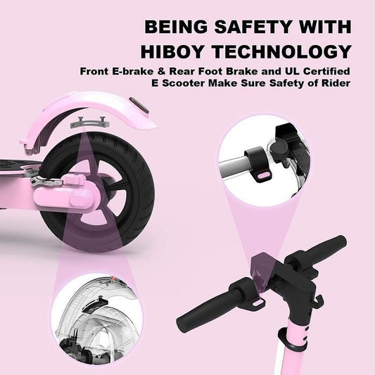 Pink scooter with safety features and text about HIBOY technology on a pink background