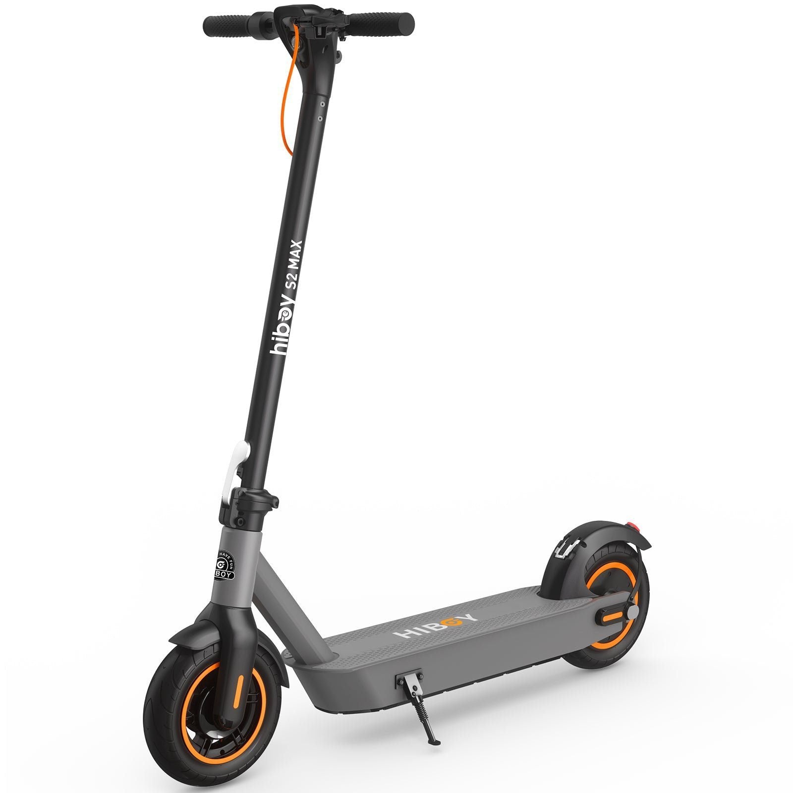 Gray electric scooter with orange accents on a white background