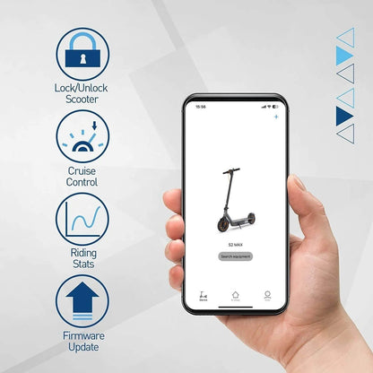 Hand holding a smartphone displaying an app interface for a scooter with icons for lock/unlock, cruise control, riding stats, and firmware update.