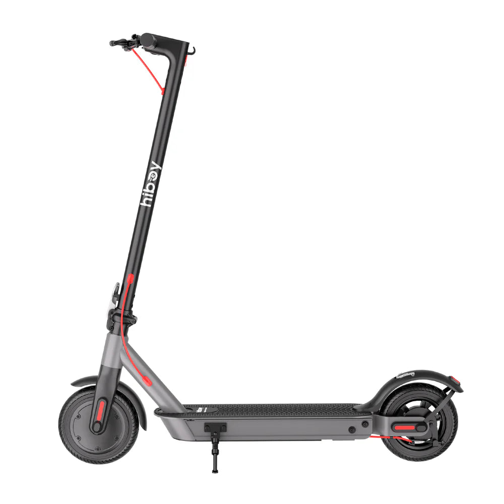 Gray electric scooter with red accents on a white background