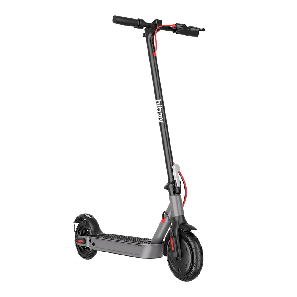 Gray electric scooter with black handlebars on a white background
