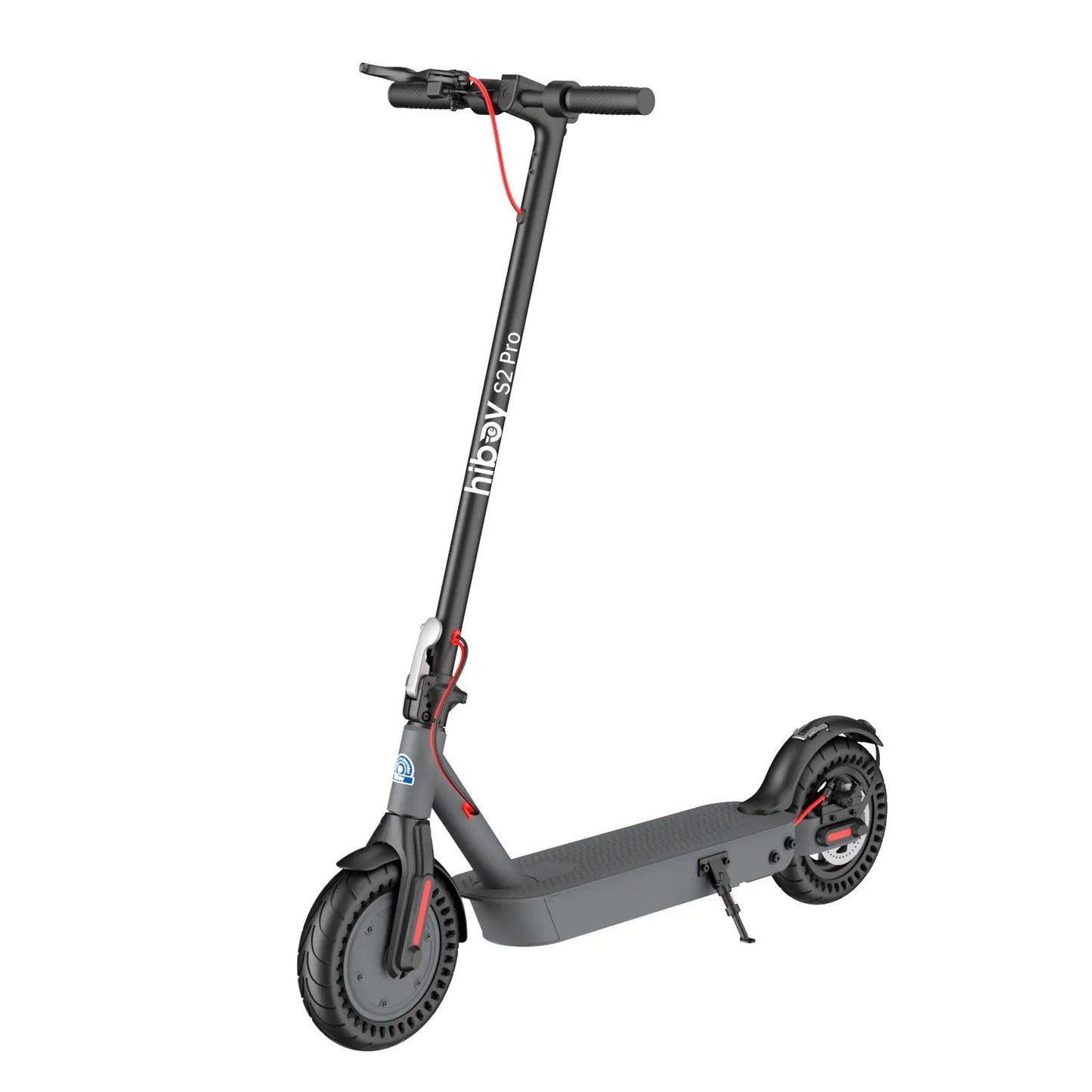 Gray electric scooter with black wheels on a white background